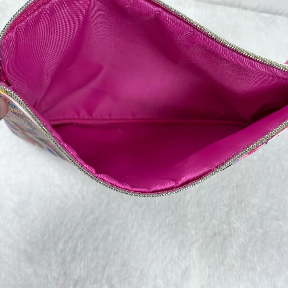 Vibrant Pink and Red Floral Cosmetic Bag with Playful Pom-Pom 🪷